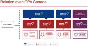 Ce diagramme décrit la relation entre les conseils canadiens de normalisation et de surveillance de la normalisation en information financière et en certification et Comptables professionnels agréés du Canada.