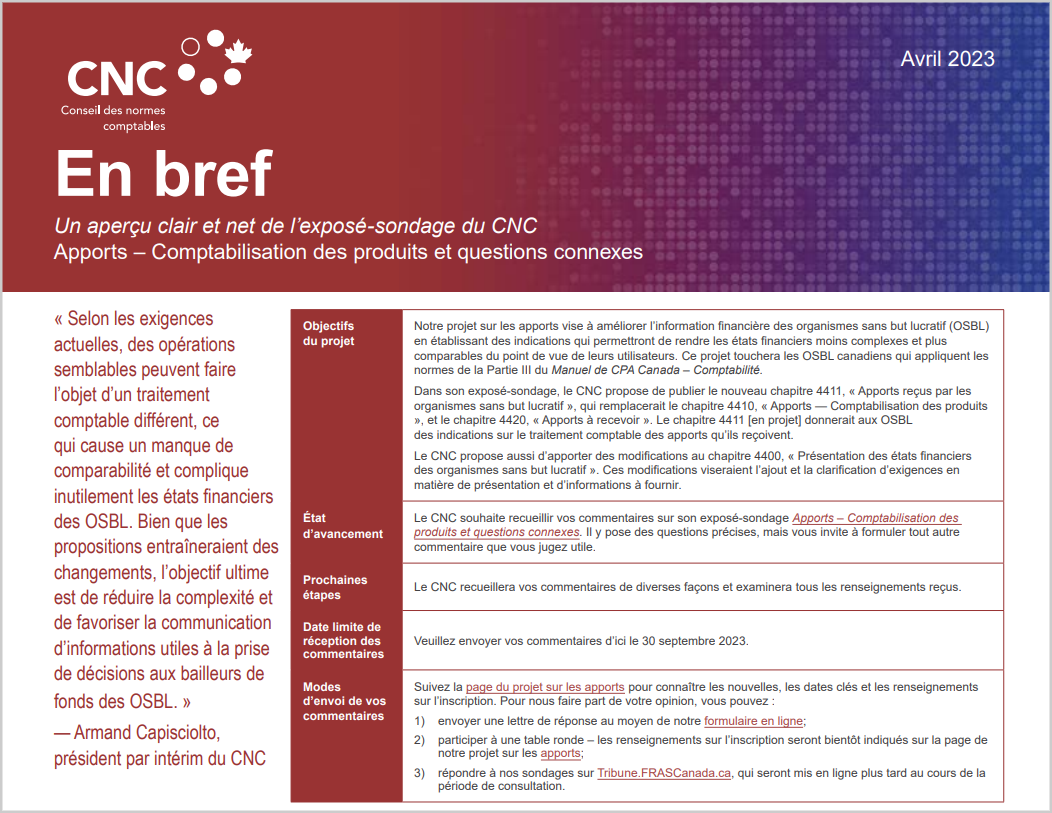 Vignette du document En bref sur l’exposé-sondage du CNC : Apports – Comptabilisation des produits et questions connexes